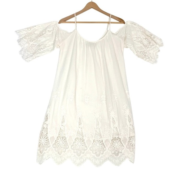 4SI3NNA White Lace Cold Shoulder Embroidered Eyelet Boho Bridal Mini Dress M - Picture 3 of 5